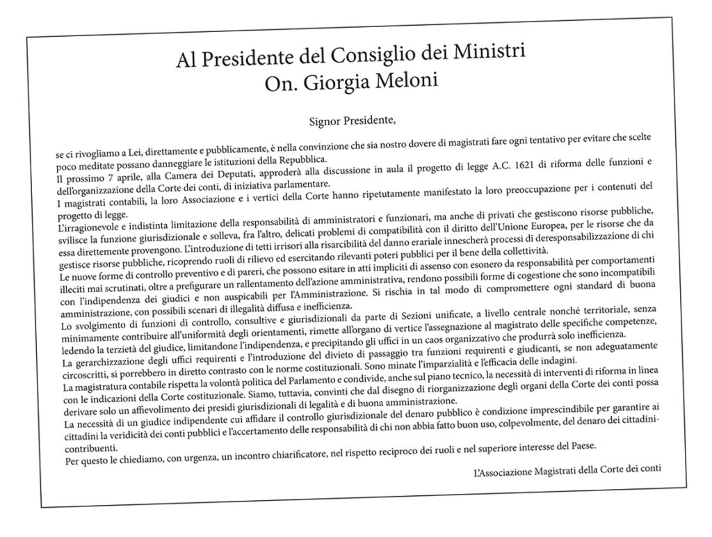 LETTERA APERTA AL PRESIDENTE GIORGIA MELONI SULLA RIFORMA DELLA CORTE DEI CONTI