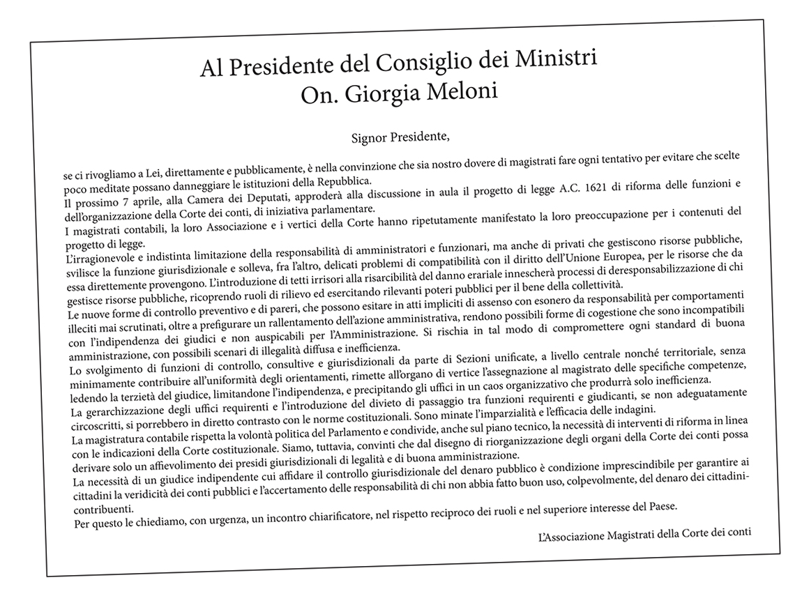 LETTERA APERTA AL PRESIDENTE GIORGIA MELONI SULLA RIFORMA DELLA CORTE DEI CONTI